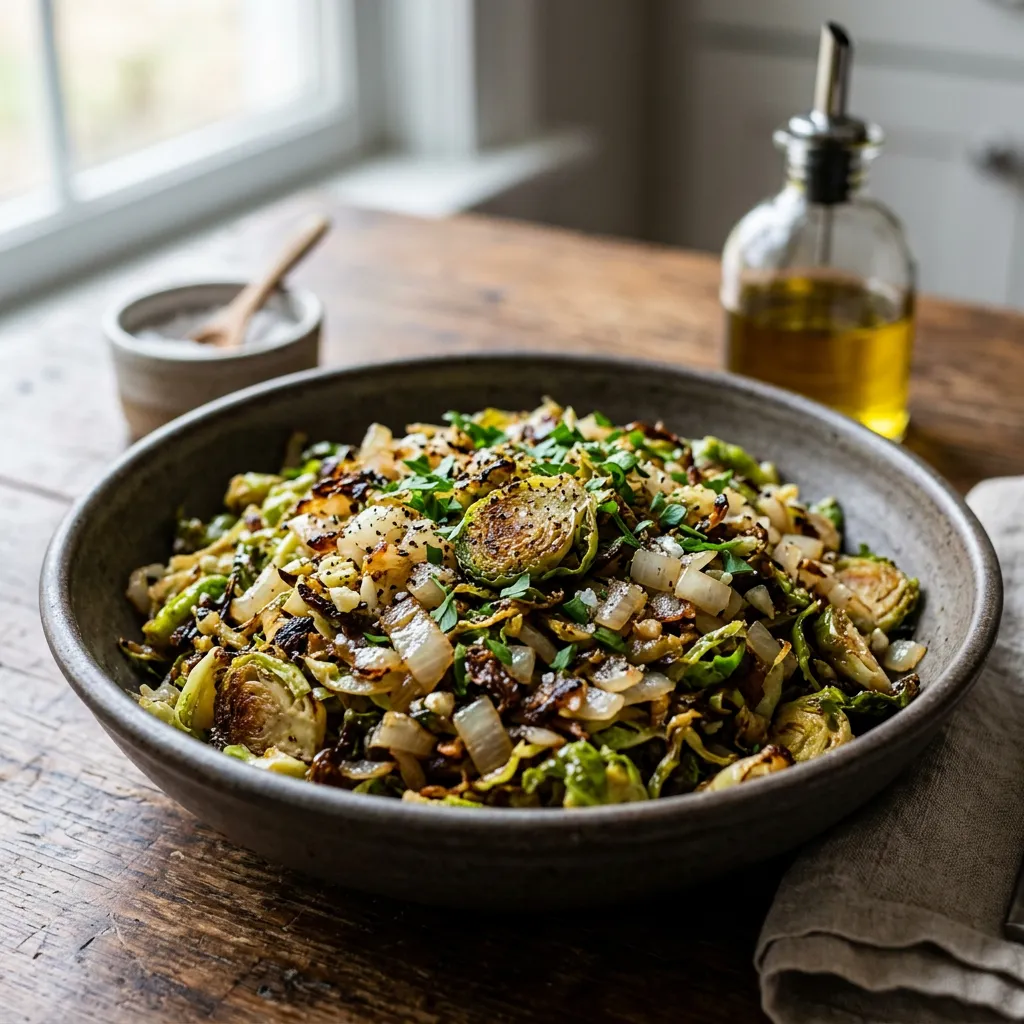 Finished Simple Sautéed Brussels Sprouts and Onions Recipe dish