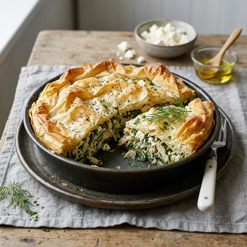 Finished Skillet Chicken Spanakopita Pie dish