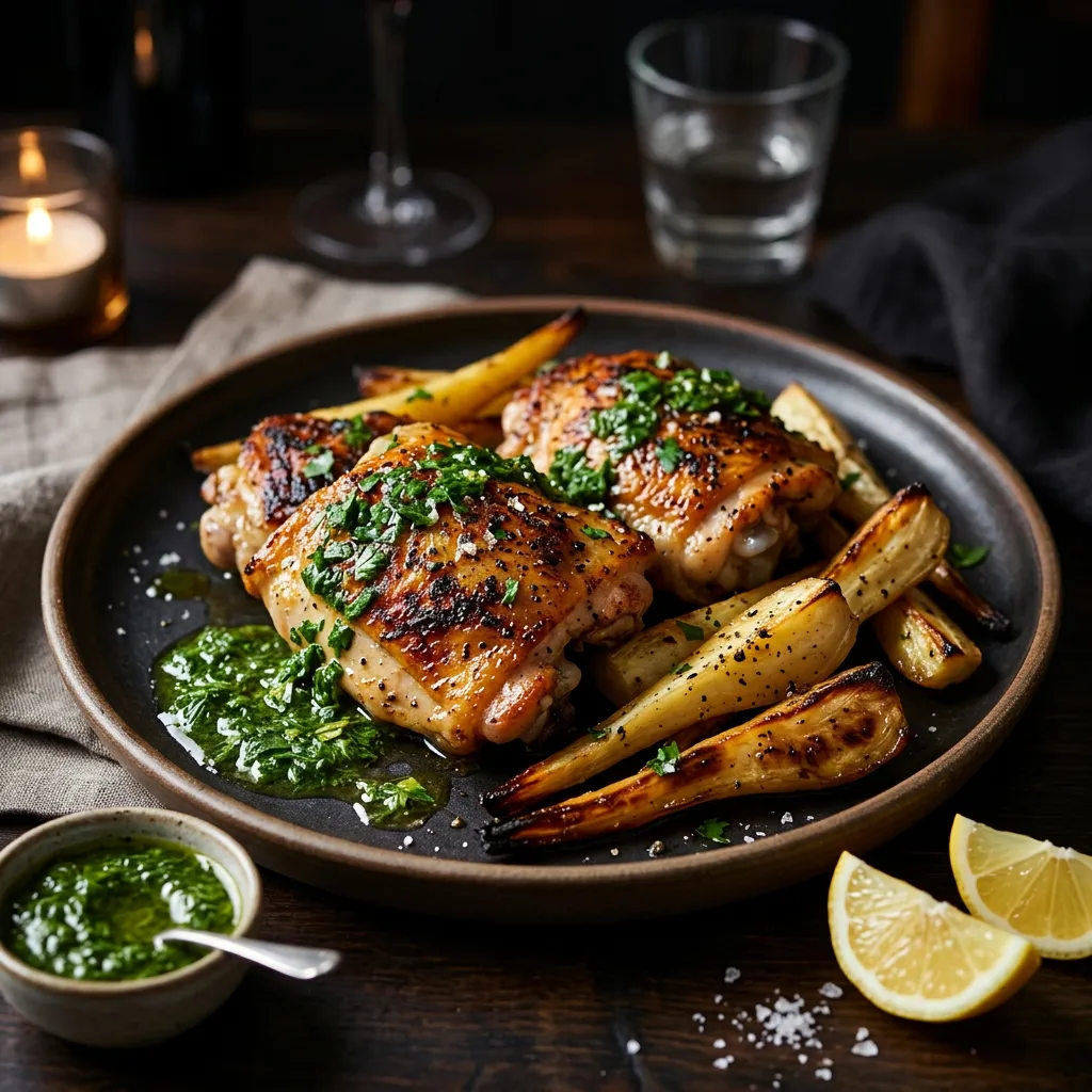 Finished Skillet Chicken Thighs and Parsnips With Green Sauce dish
