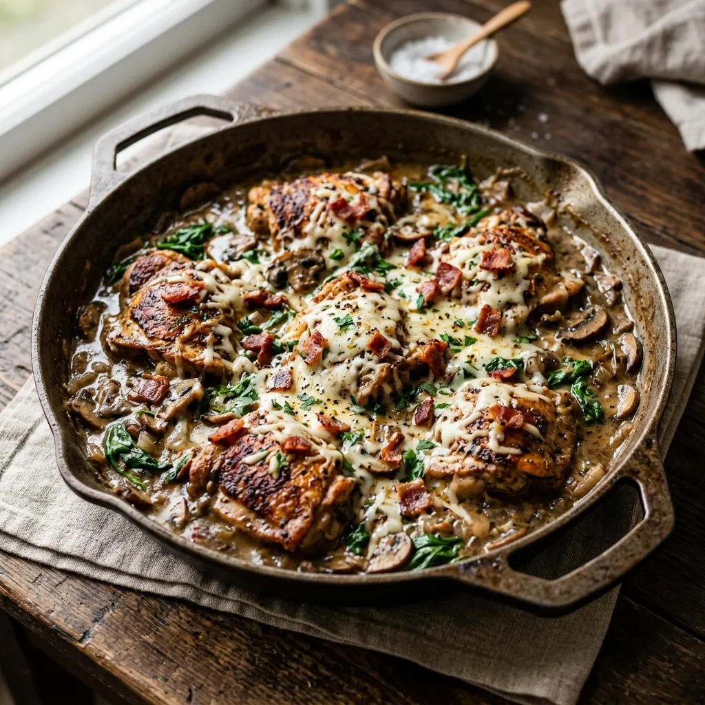Skillet Chicken With Creamed Spinach, Mushrooms, and Bacon Recipe