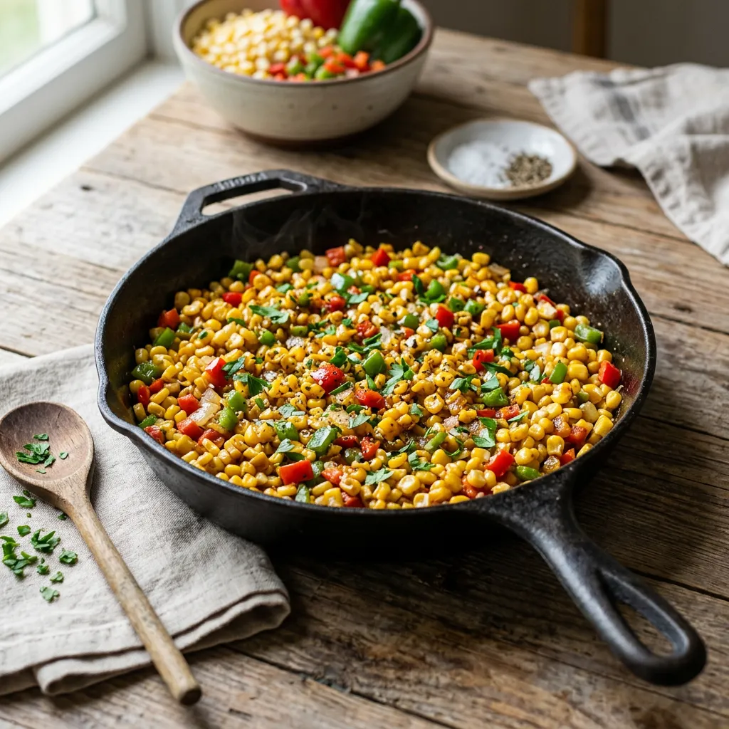 Finished Skillet Corn Medley With Peppers and Onions dish