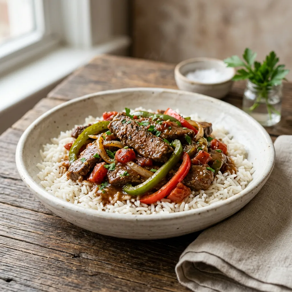 Skillet Pepper Steak and Rice Recipe