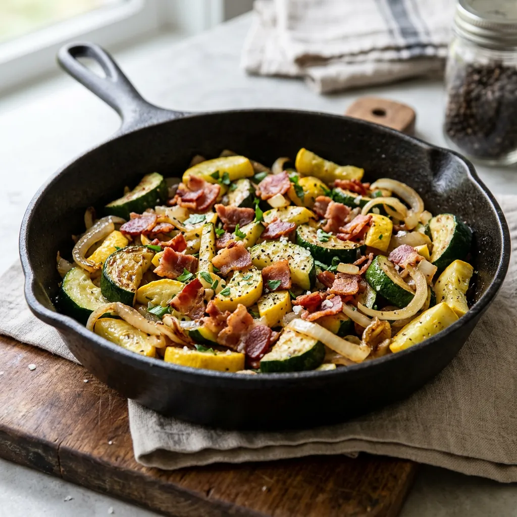 Skillet Yellow Squash or Zucchini With Onions and Bacon