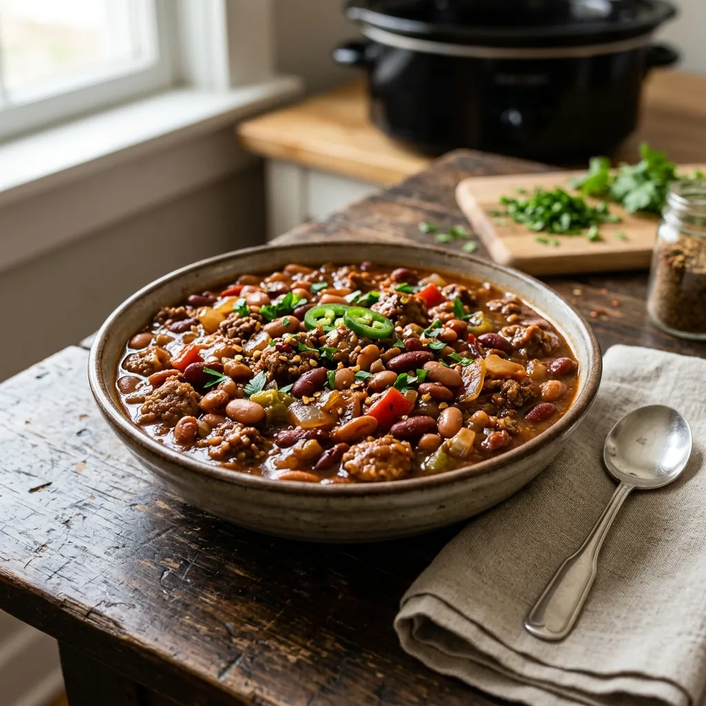 Slow Cooker Baked Beans With Ground Beef and Sausage