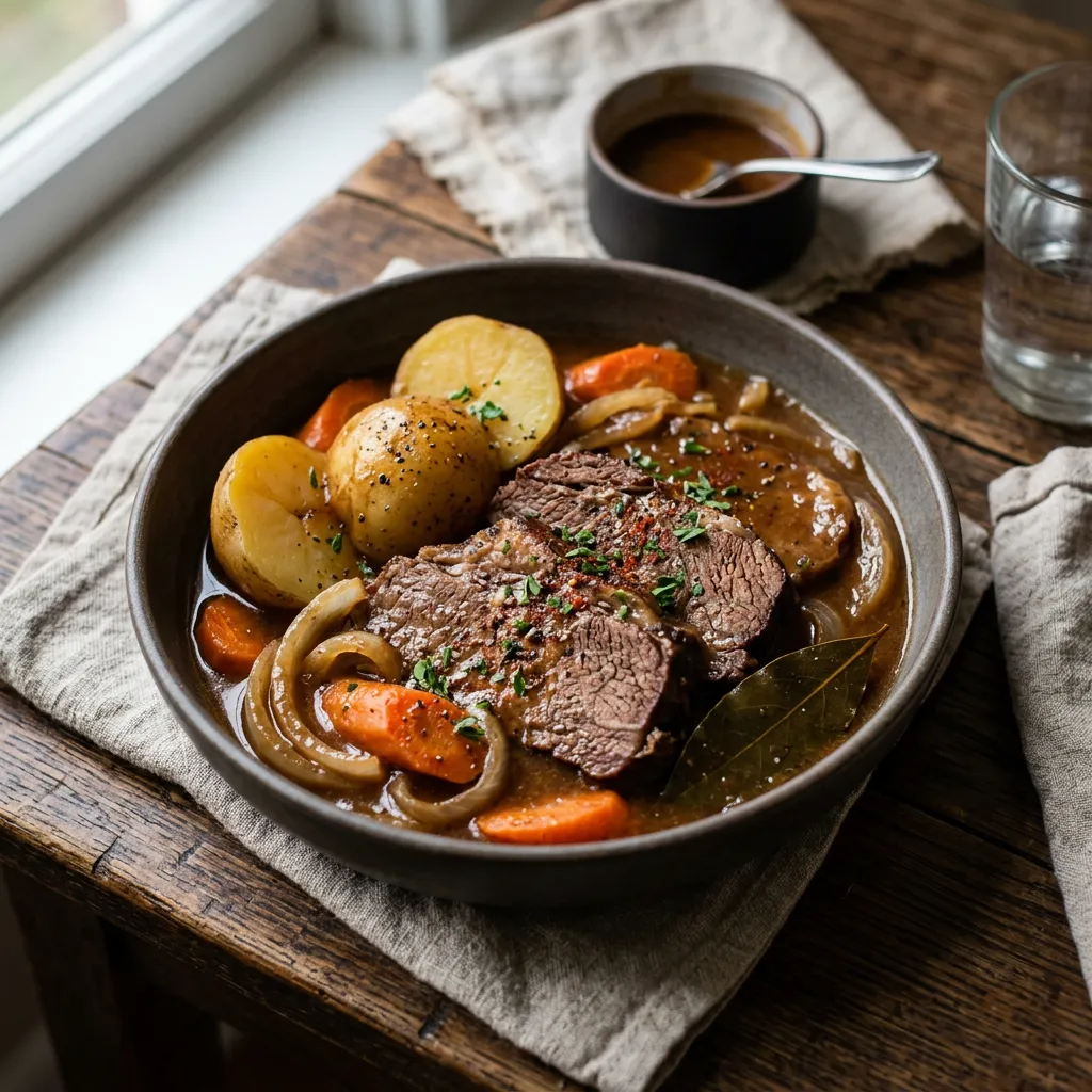 Finished Slow Cooker Beef Brisket With Potatoes Recipe dish
