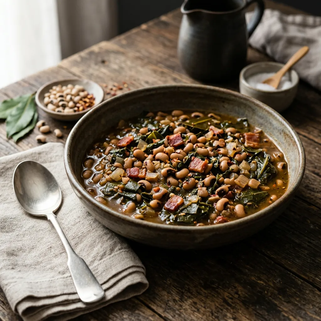 Finished Slow Cooker Black-Eyed Peas and Collard Greens dish