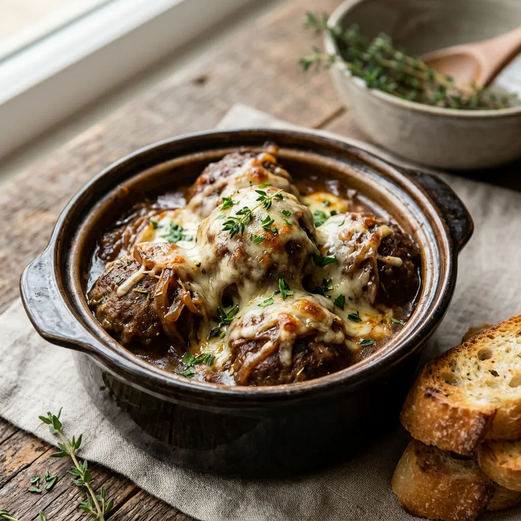 Finished Slow Cooker French Onion Meatballs dish