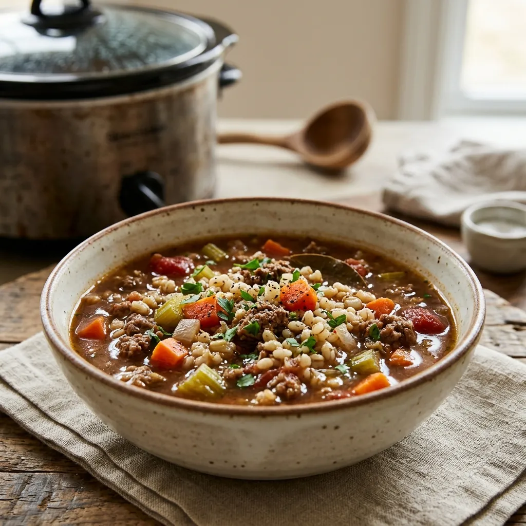 Slow Cooker Ground Beef, Barley, and Vegetables Soup