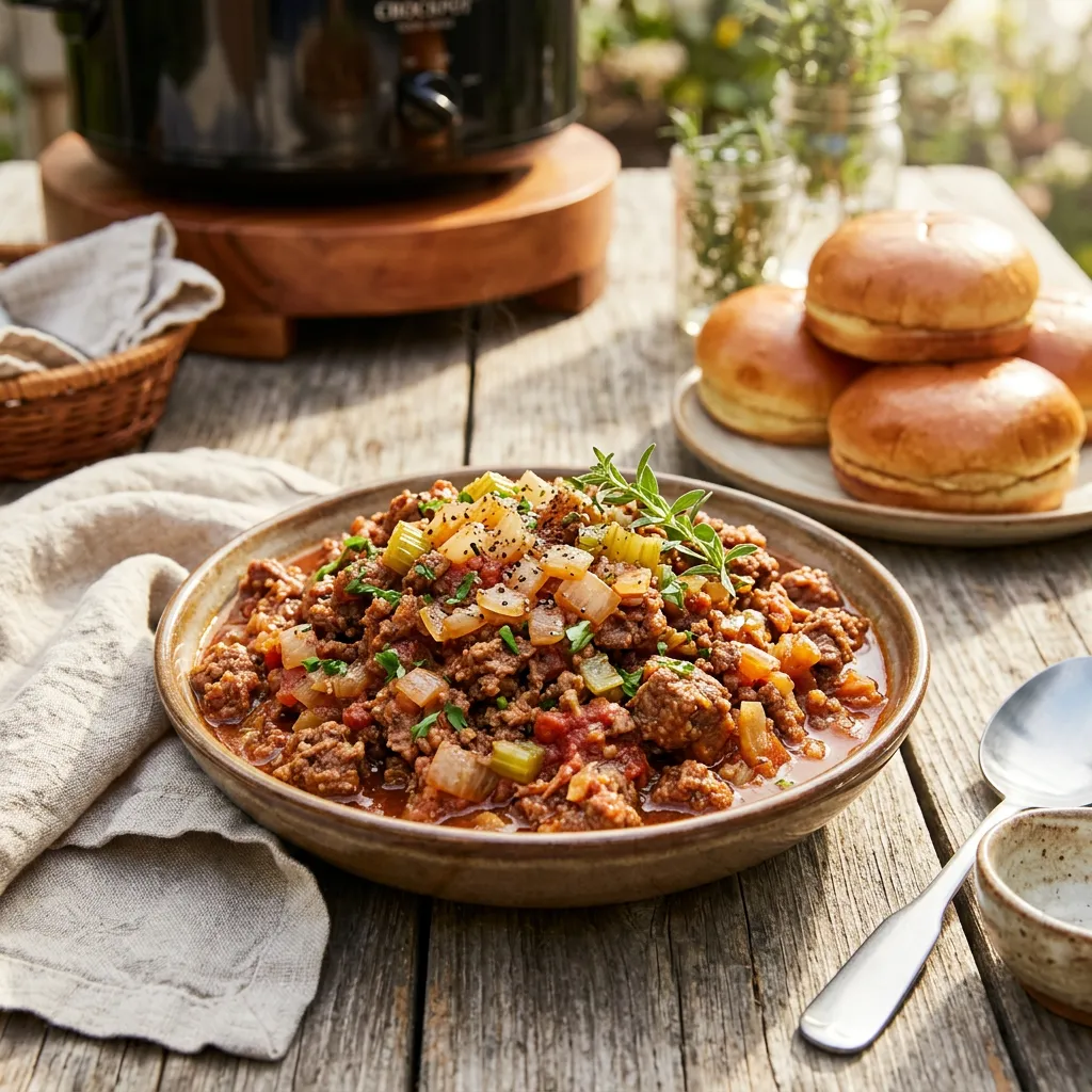 Finished Slow Cooker Hamburgers dish