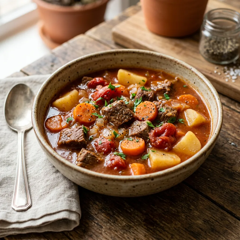 Finished Slow Cooker Low-Calorie Beef Stew dish