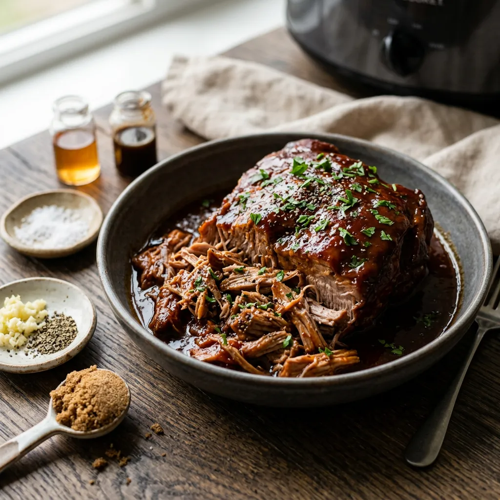 Finished Slow Cooker Marinated Pork Roast dish
