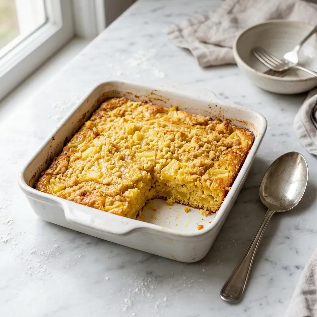 Finished Slow Cooker Pineapple Casserole dish