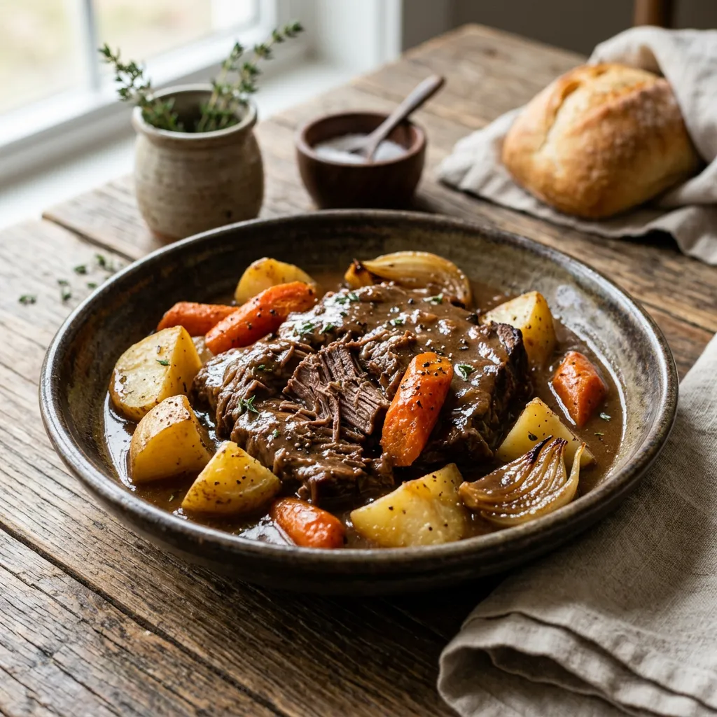 Finished Slow Cooker Pot Roast With Potatoes and Gravy dish