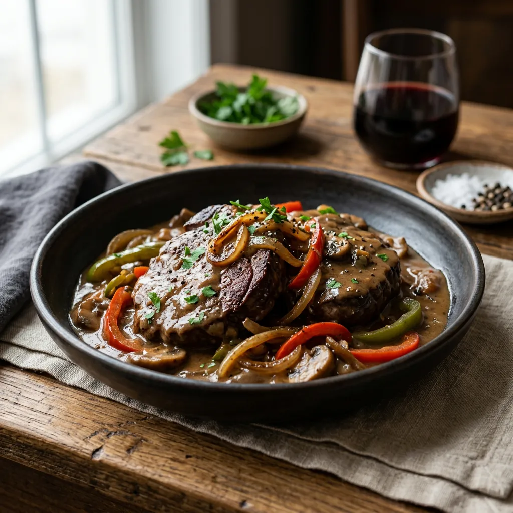 Finished Slow Cooker Venison Steaks With Peppers and Onions dish