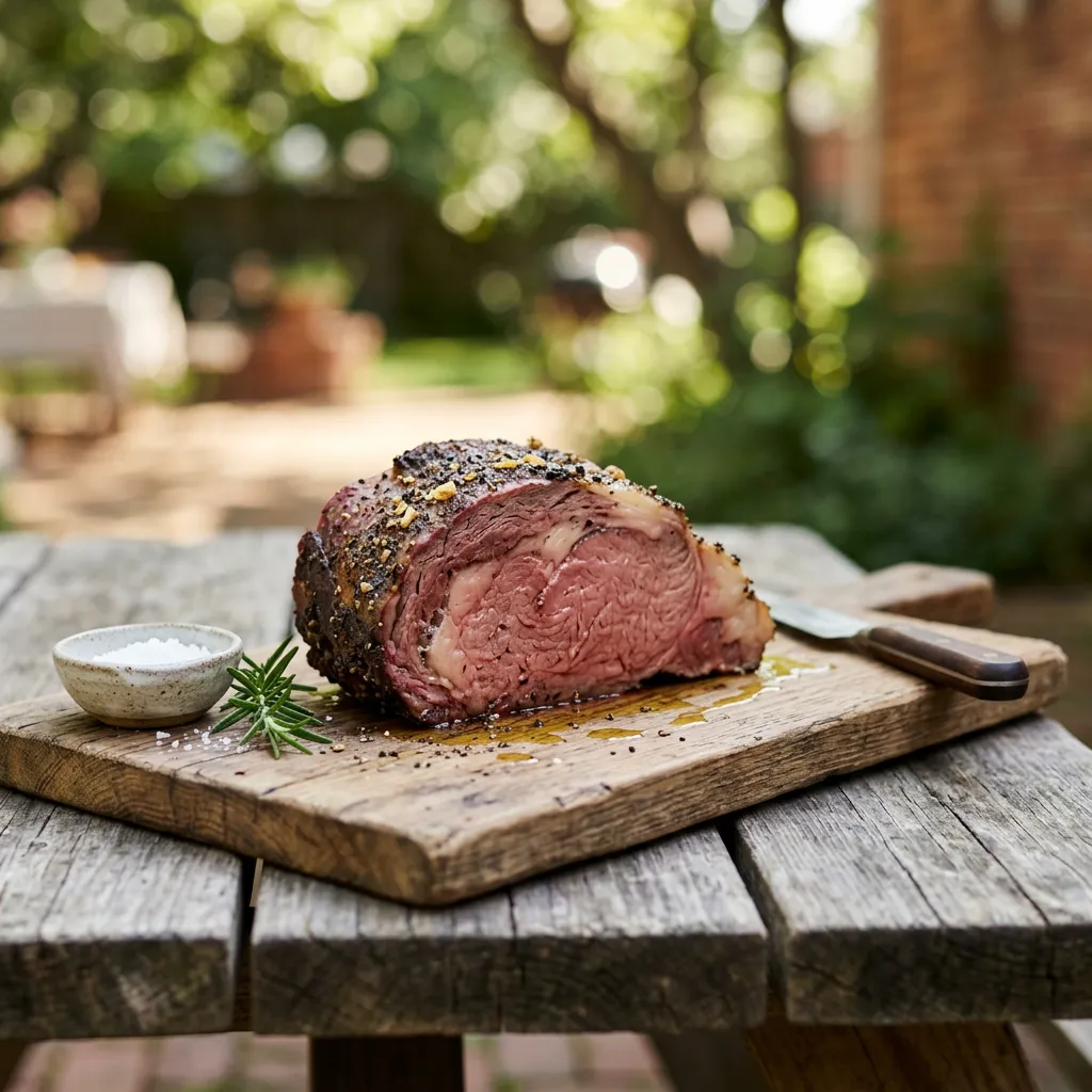 Finished Smoked Standing Rib Roast dish