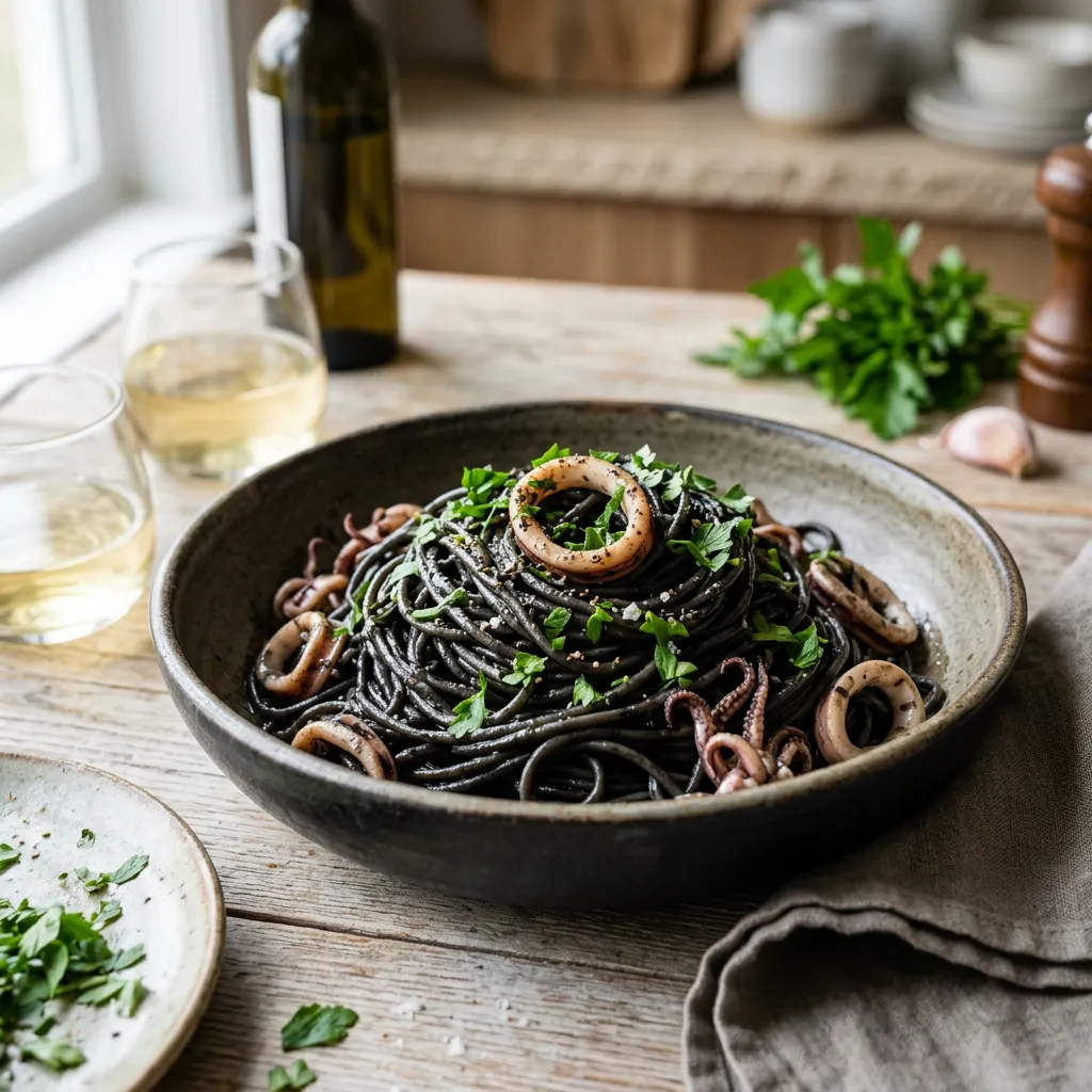 Spaghetti and Squid in Squid Ink Sauce