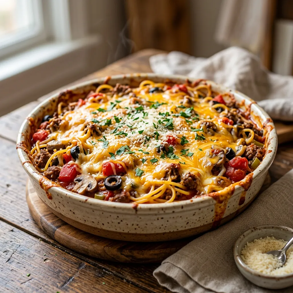 Spaghetti Bake With Ground Beef and Cheese