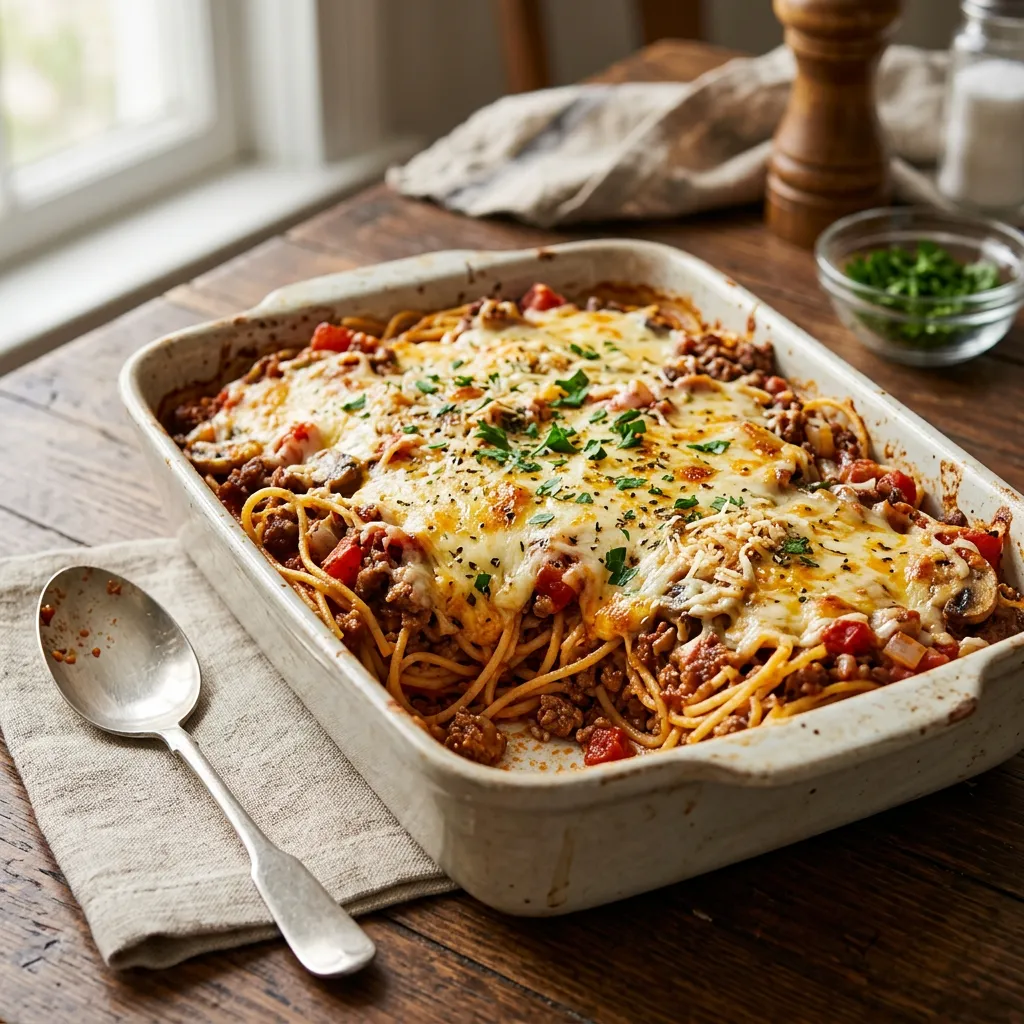 Spaghetti Casserole With Ground Beef and Cheese