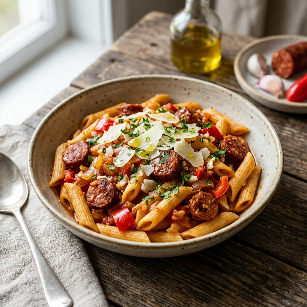 Spanish Pasta With Chorizo and Tomatoes