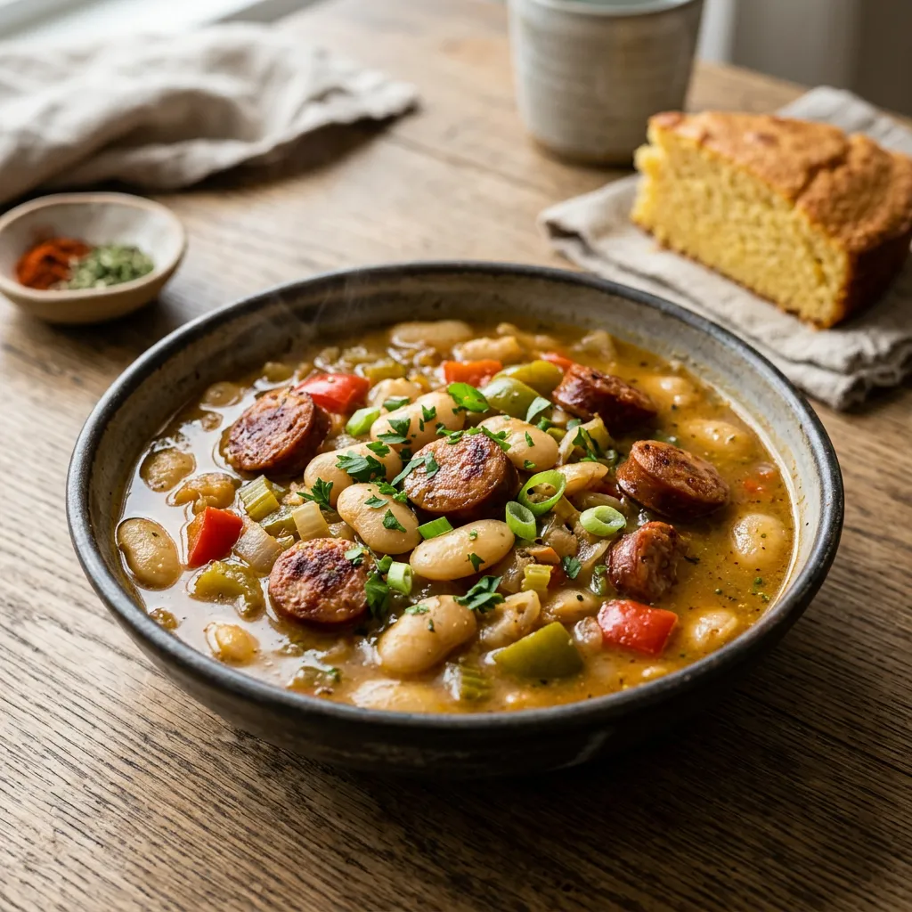 Finished Speckled Butter Beans With Andouille Sausage dish