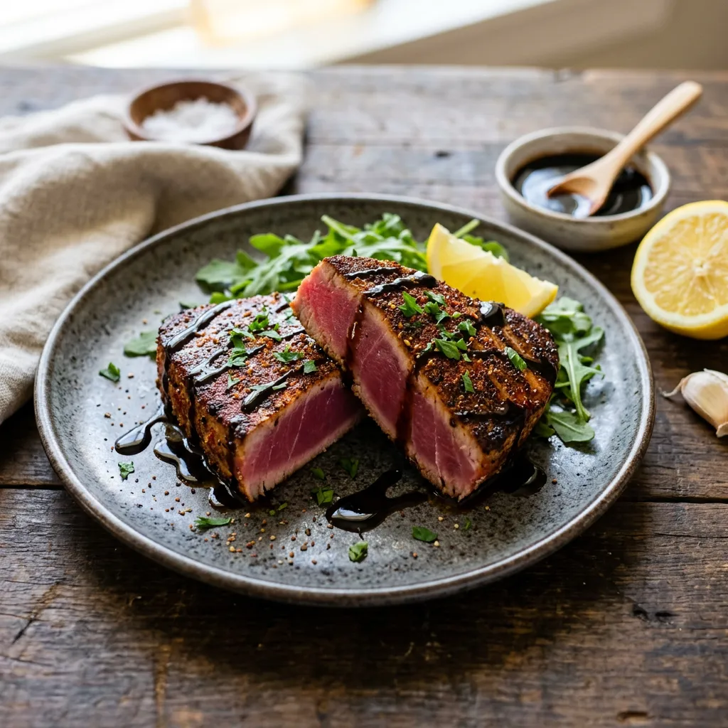 Finished Spice-Rubbed Seared Ahi Tuna Steaks Recipe dish
