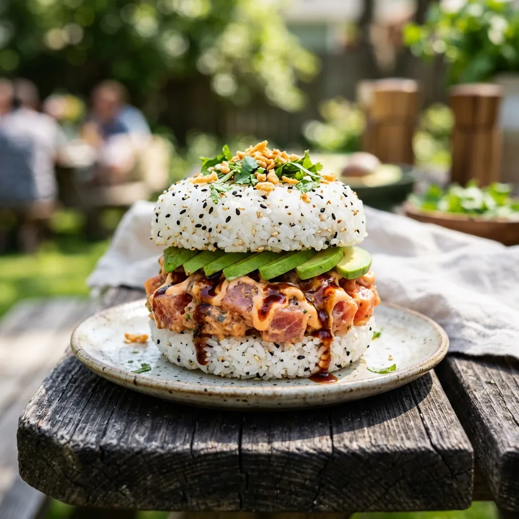 Spicy Tuna and Avocado Sushi Burger