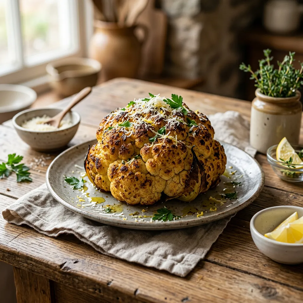 Spicy Whole Roasted Cauliflower With Parmesan