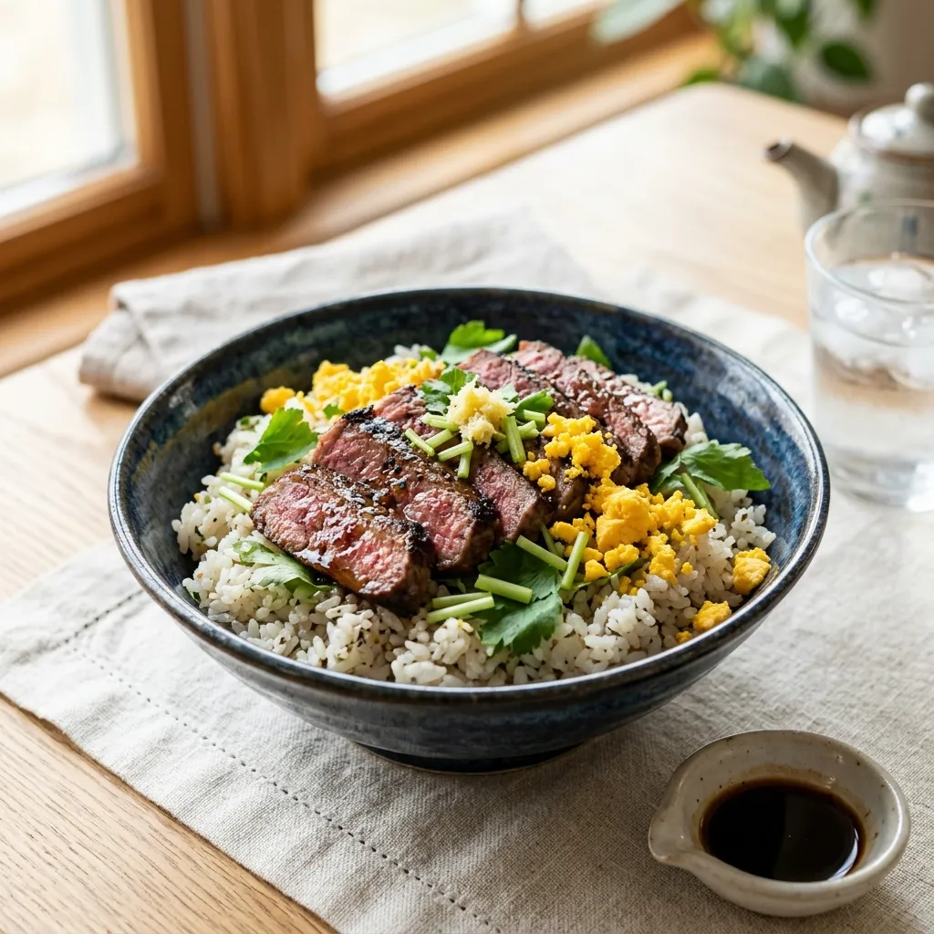 Steak and Mitsuba Herb Chirashi Sushi With Balsamic Soy Sauce