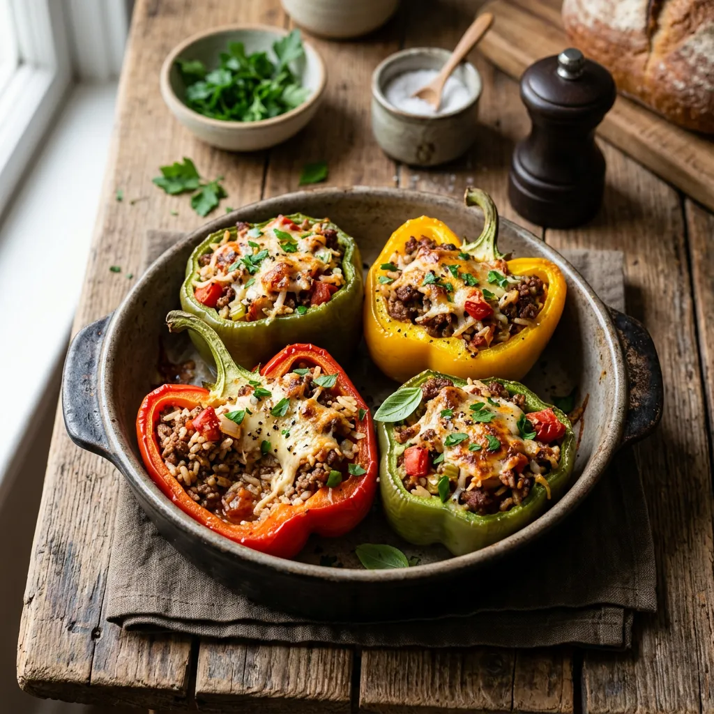 Finished Stuffed Bell Peppers With Ground Beef, Rice, and Cheese dish