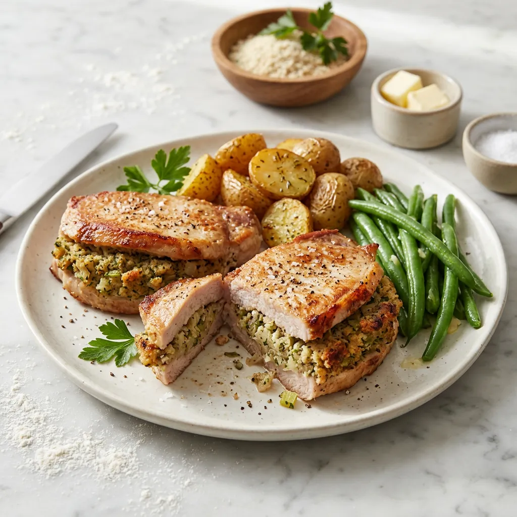 Finished Stuffed Boneless Pork Chops Recipe dish