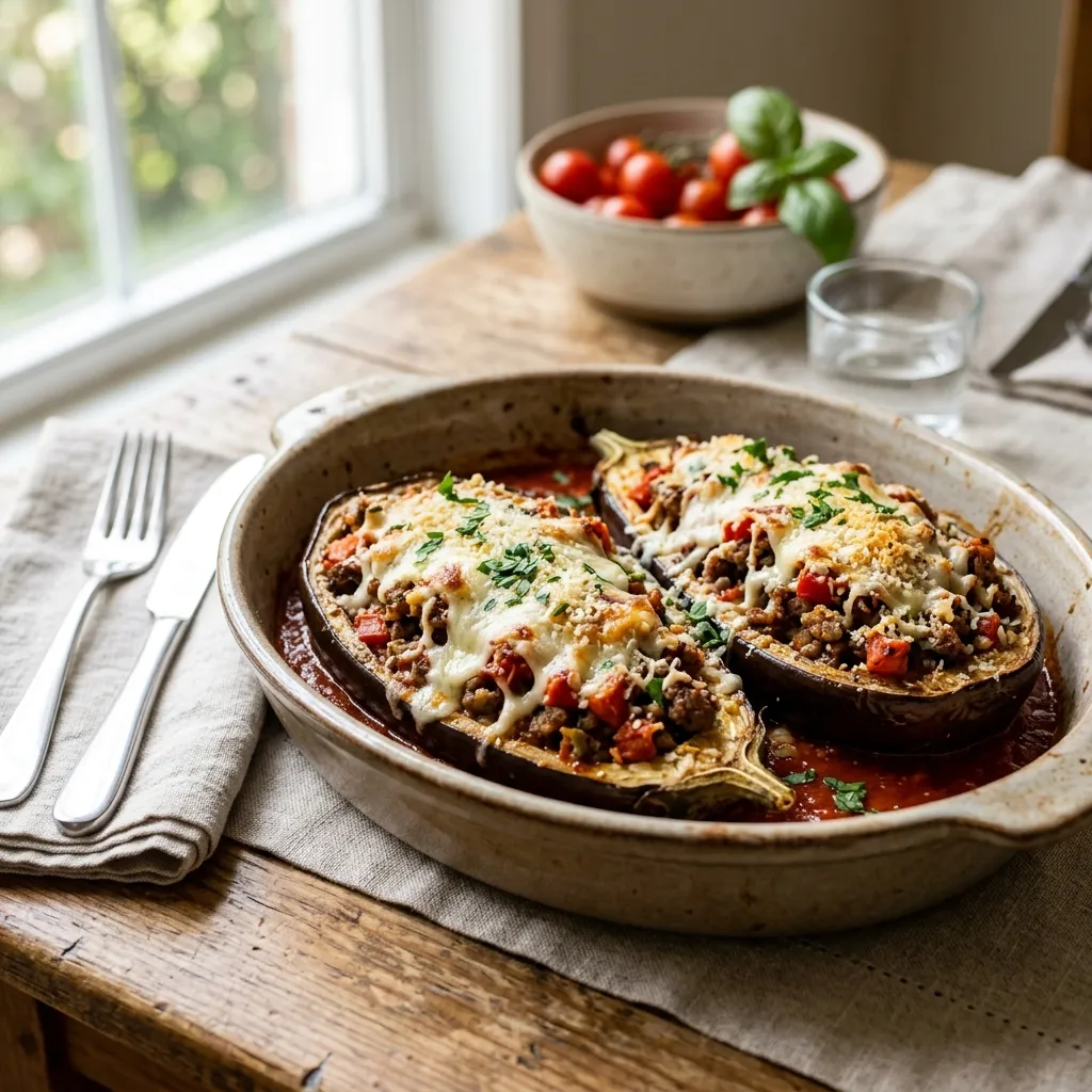 Stuffed Eggplant Parmesan With Ground Beef