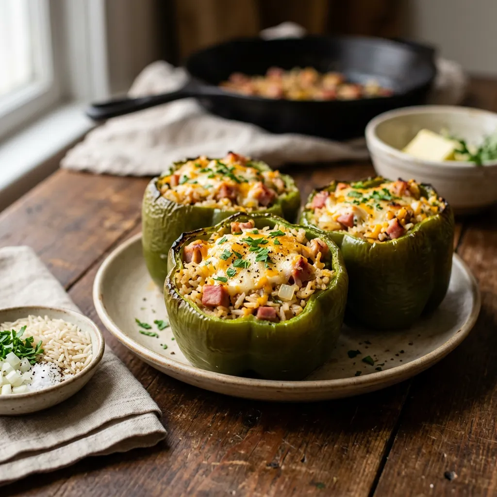 Finished Stuffed Peppers With Cheesy Ham and Rice Filling dish