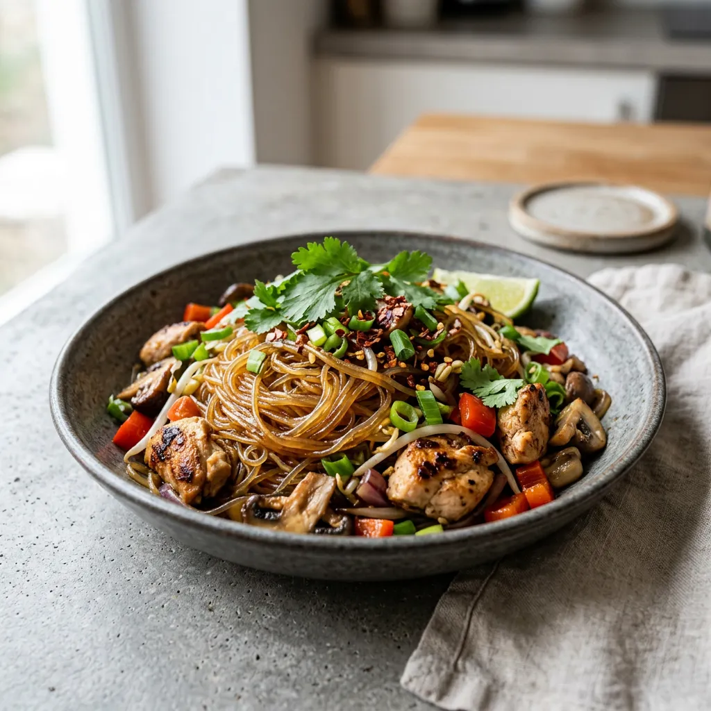 Thai Pad Woon Sen (Thai Glass Noodle Stir-Fry) With Chicken and Vegetables