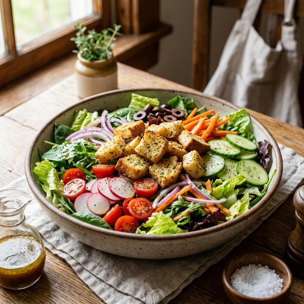 Tossed Salad With Homemade Croutons and Oil and Vinegar Dressing Recipe