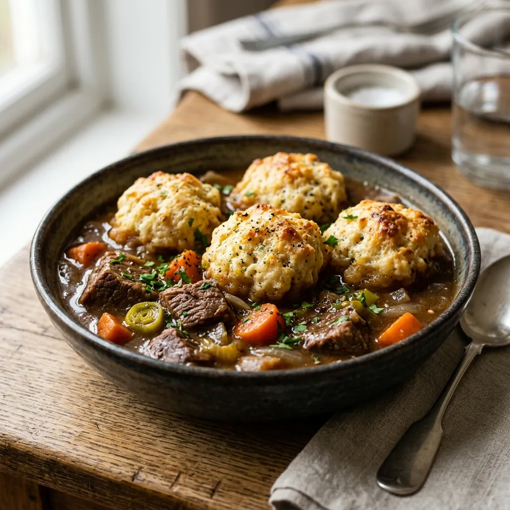 Traditional British Beef Stew and Suet Dumplings