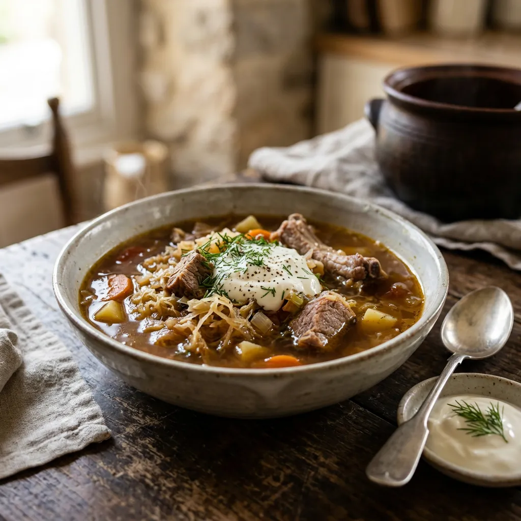 Traditional Russian Sour Cabbage (Sauerkraut) Soup