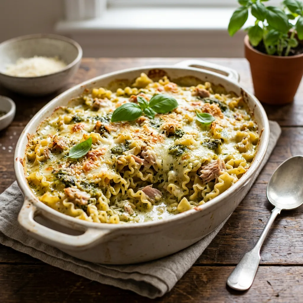 Finished Tuna Alfredo Casserole dish