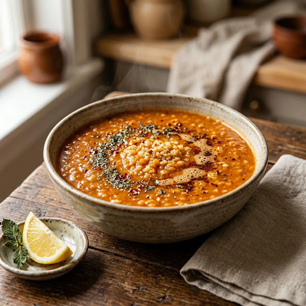 Turkish Ezogelin Soup With Red Lentils, Bulgur, and Rice