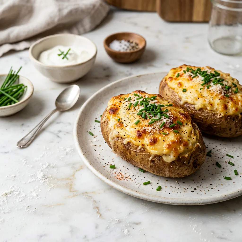Finished Twice-Baked Potatoes With Cream Cheese and Chives dish