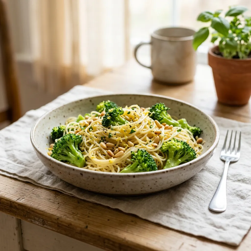 Vegan Lemon Pasta With Pine Nuts and Broccoli Recipe