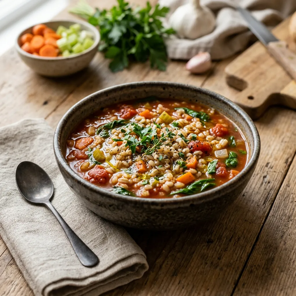 Vegan Tomato and Barley Vegetable Soup
