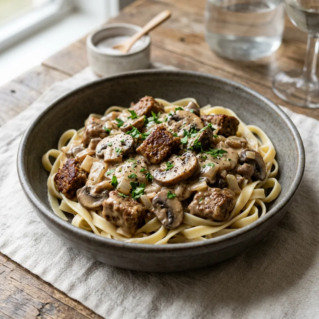 Vegetarian 'Beef' Stroganoff With Vegan Beef Substitute