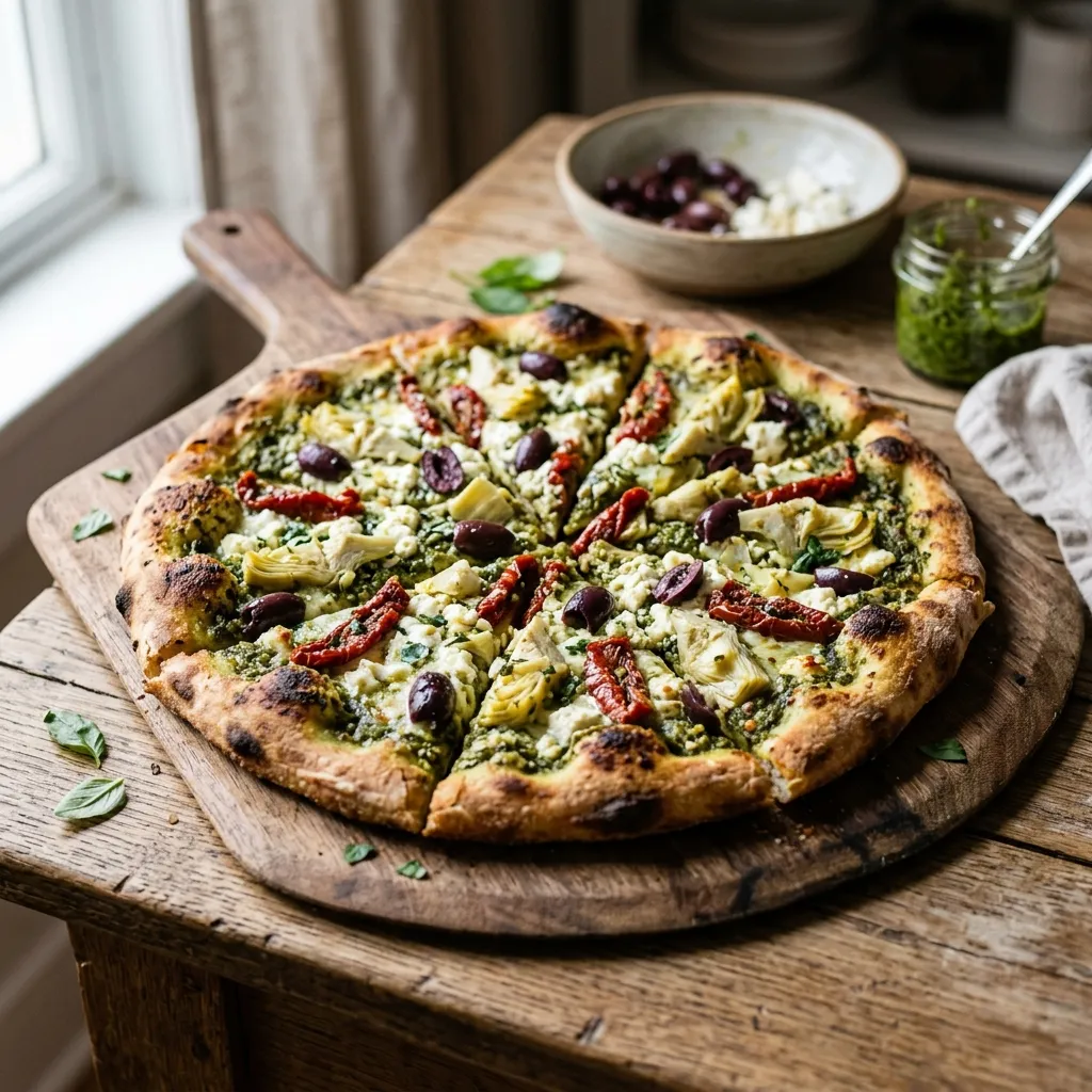 Vegetarian Pesto Pizza With Feta Cheese