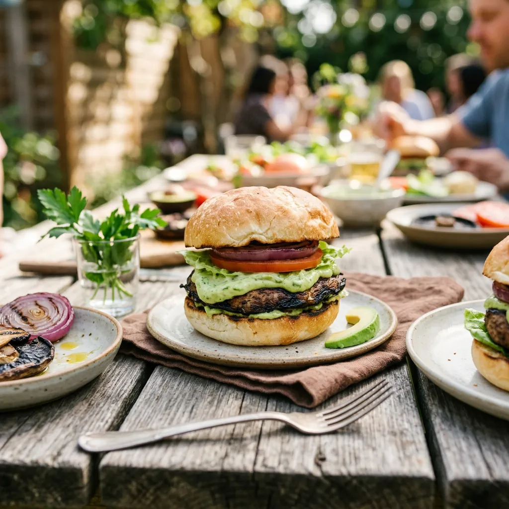 Finished Vegetarian Portobello Mushroom and Avocado Burger dish