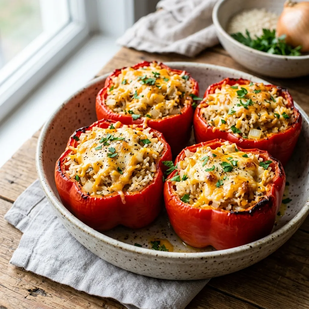 Vegetarian Rice and Cheddar Stuffed Peppers