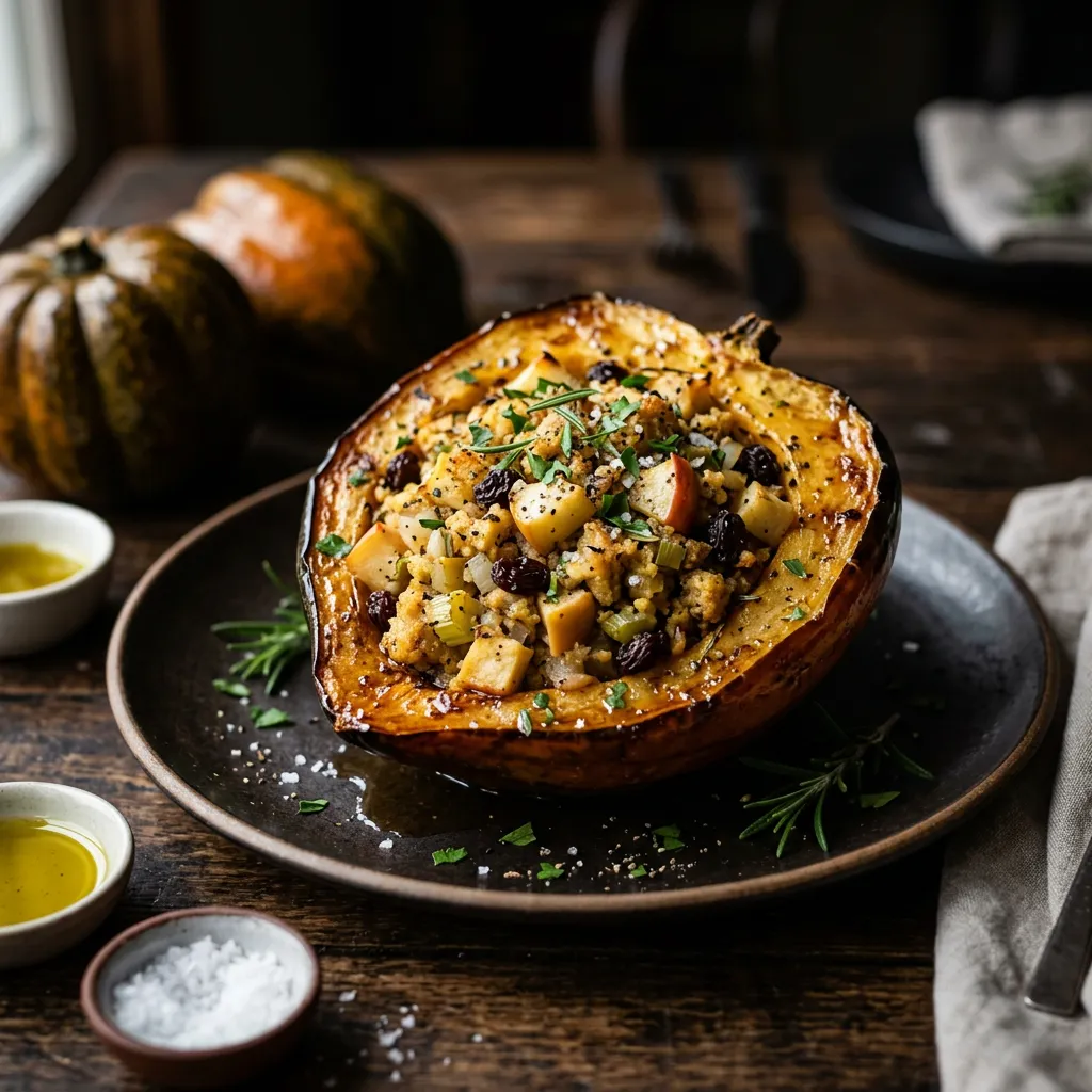Finished Vegetarian Stuffed Acorn Squash Recipe With Cornbread Stuffing dish
