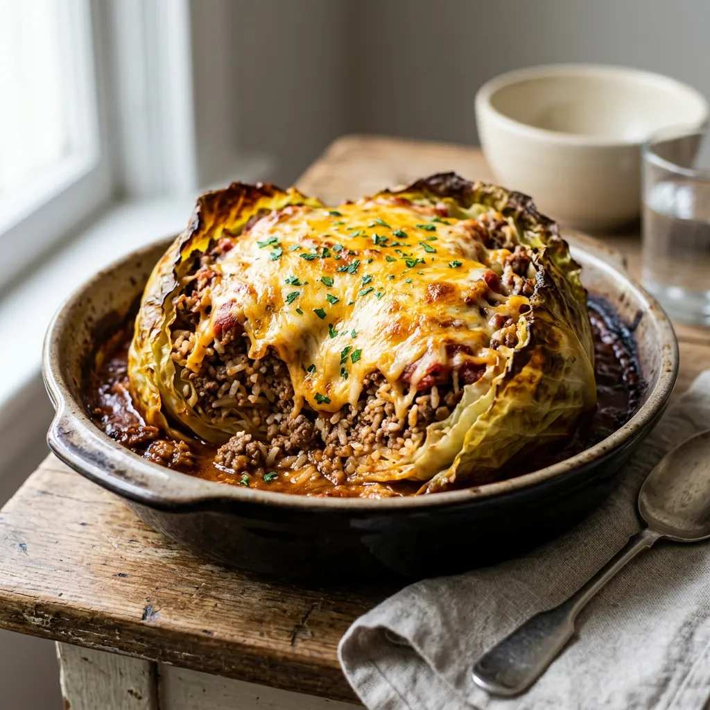 Finished Whole Stuffed Cabbage With Ground Beef dish