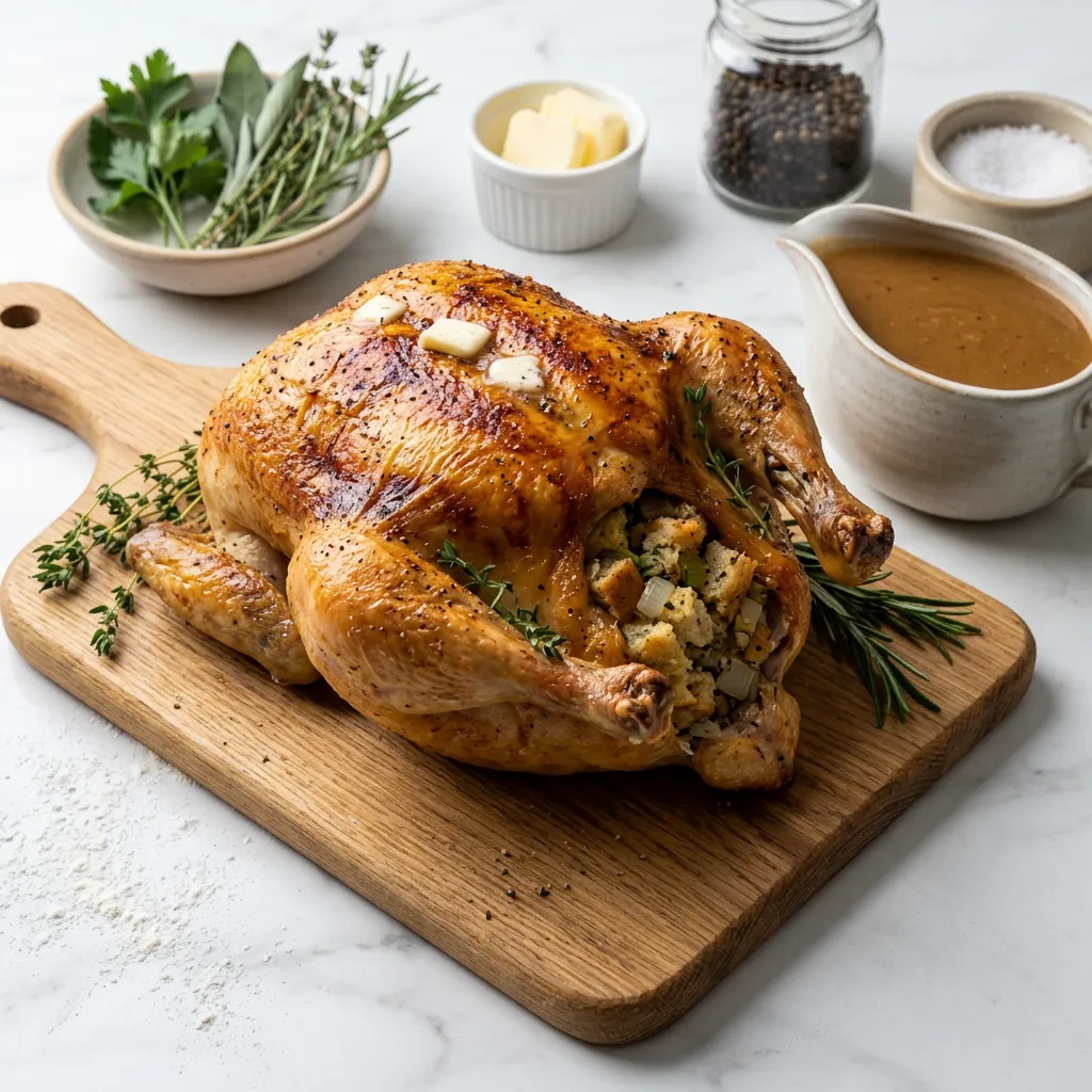 Finished Whole Stuffed Chicken With Savory Gravy dish