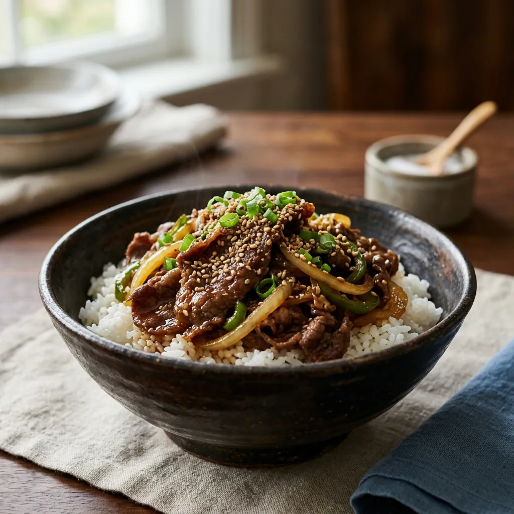 Yakiniku Donburi: Japanese Beef and Vegetable Rice Bowl
